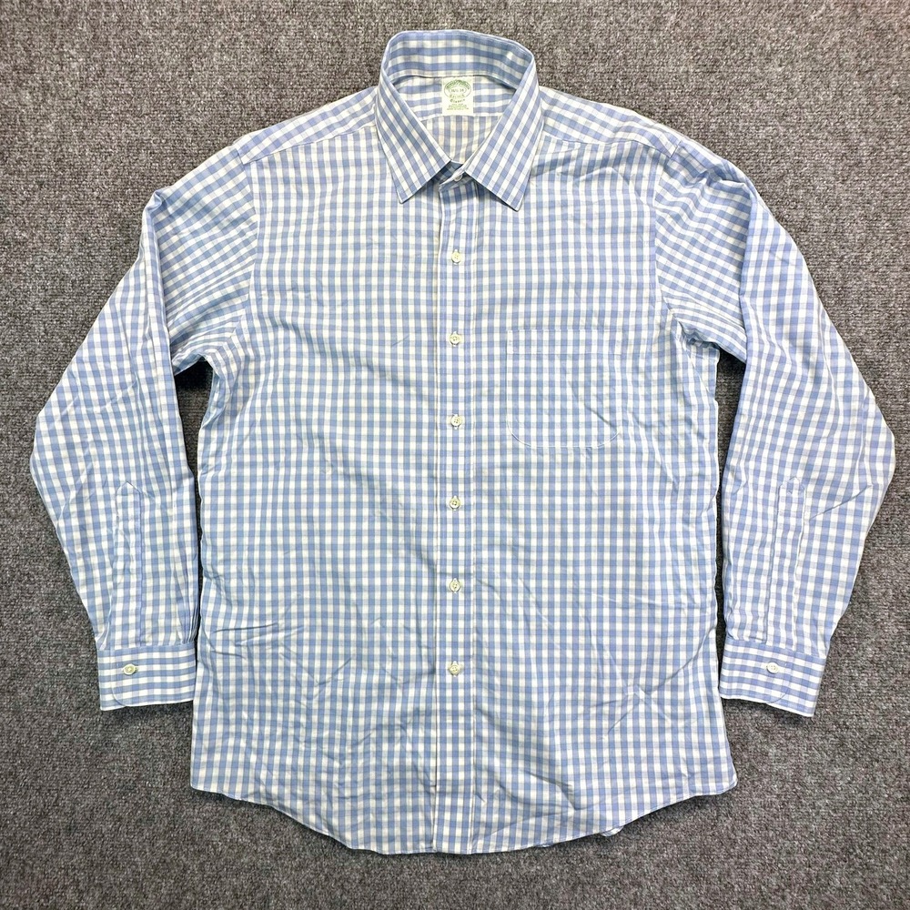 Brooks Brothers Shirt Mens 16.5 34 Blue Gingham Classic Non-Iron Supima Cotton